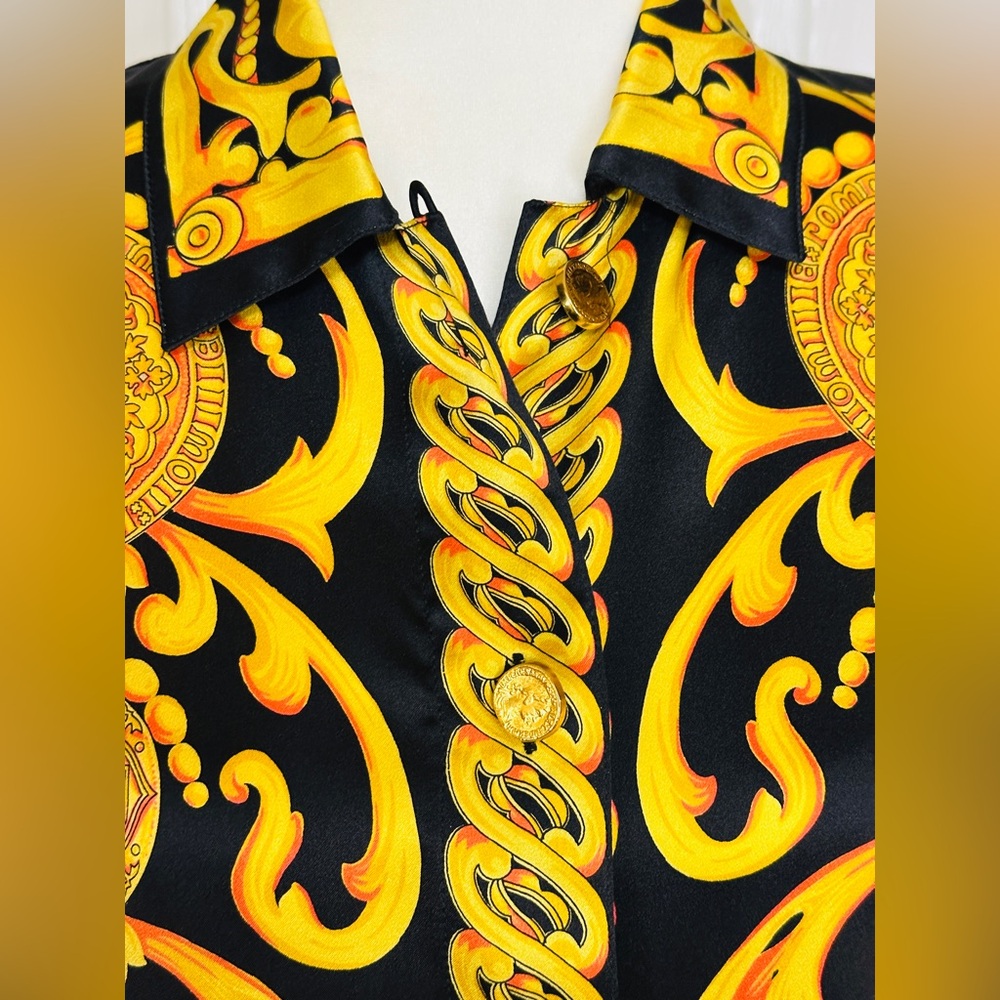 Escada Blouse Rare Vintage Baroque Black Gold Long Sleeve Size 40 8 US 100% Silk - Picture 3 of 15